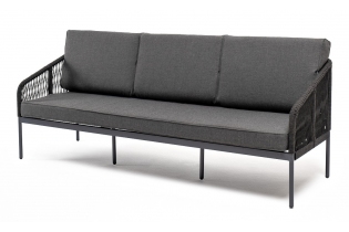 «Канны» диван 3-местный плетеный из роупа, каркас алюминий темно-серый (RAL7024) муар, роуп темно-серый круглый, ткань темно-серая 027